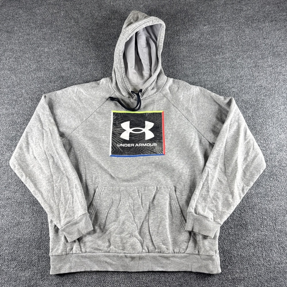 Under Armour Mens Gray Fleece Big Logo Hoodie Size‎ L Pullover Loose